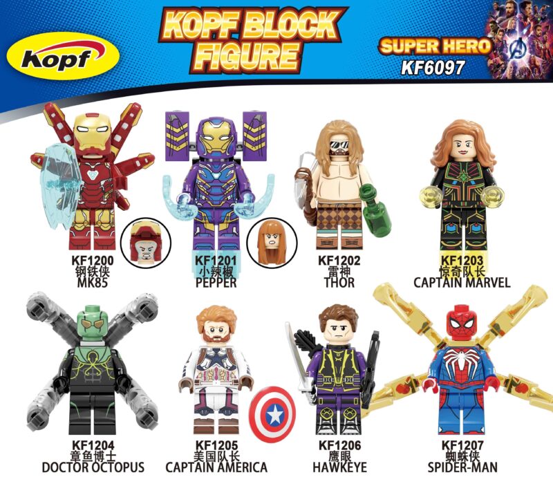 Dòng chữ "Super Hero KF6097" và hình ảnh các siêu anh hùng Marvel, bộ đồ chơi Minifigure Siêu Anh Hùng Kopf KF6097.