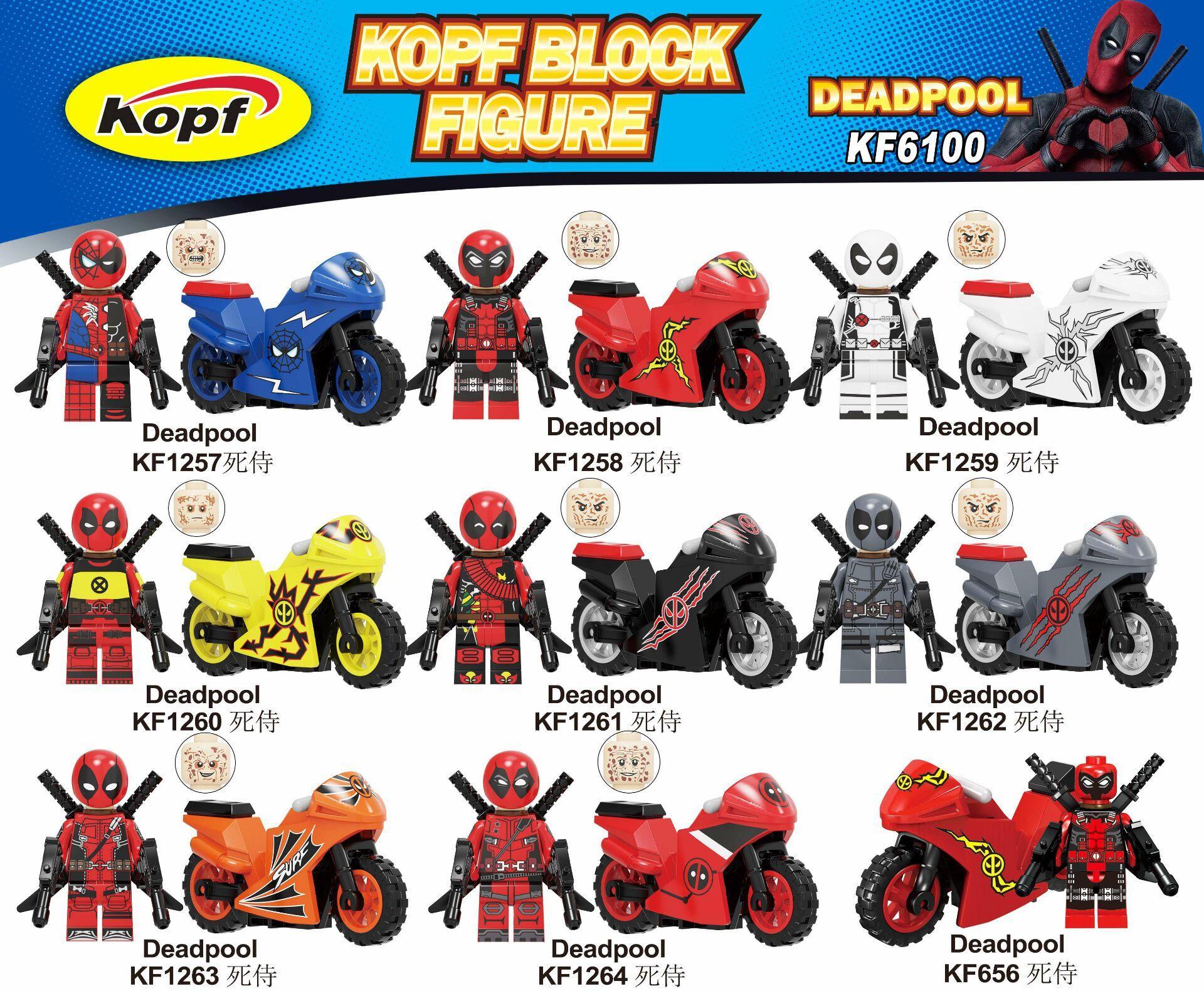 Bộ đồ chơi lắp ghép Kopf KF6100 Deadpool và mô tô, bộ 9 minifigure siêu anh hùng Deadpool kèm xe máy, đồ chơi giá rẻ cho bé trai 8 tuổi.
