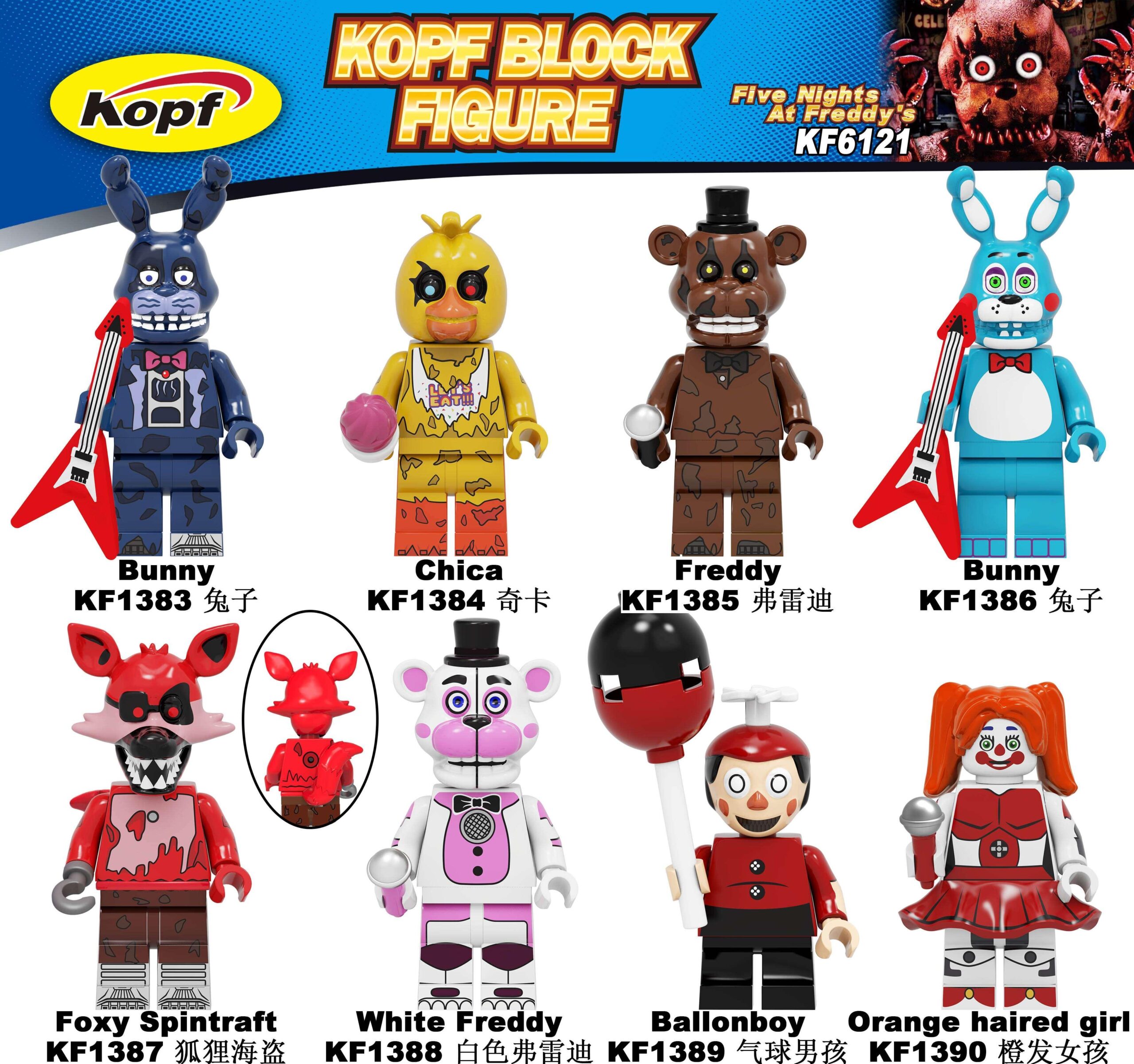 Bộ 8 Minifigure Five Nights at Freddy's Kopf KF6121 chất lượng cao, tái hiện nhân vật game kinh dị, phù hợp bé trai 8 tuổi, giá tốt.