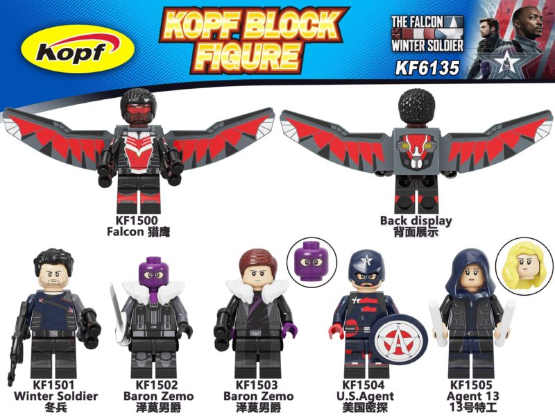 Bộ sưu tập 6 minifigure Kopf KF6135 The Falcon and the Winter Soldier, đồ chơi lắp ráp siêu anh hùng Marvel giá rẻ cho bé trai 6 tuổi.