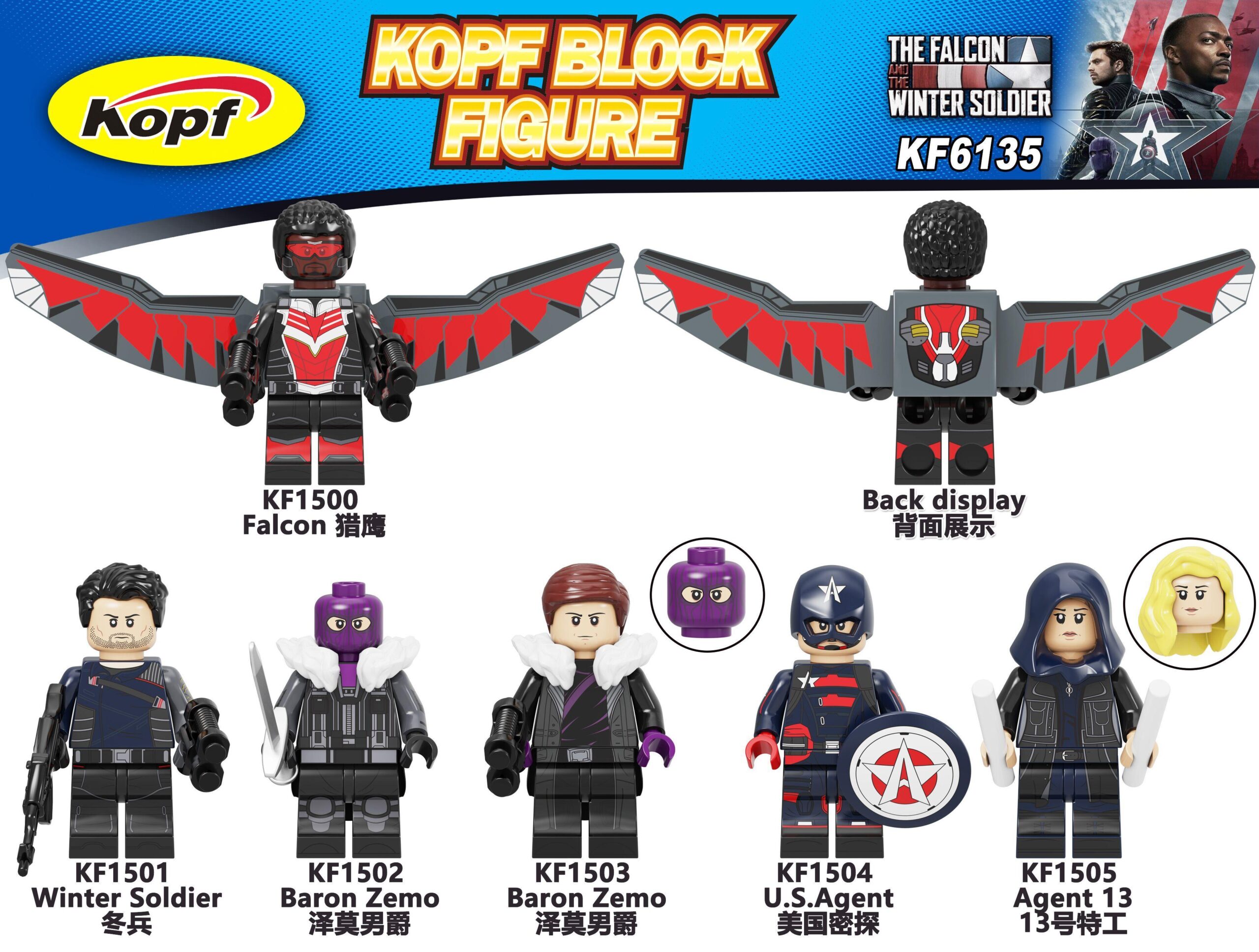 Bộ đồ chơi minifigure Kopf KF6135 Falcon và Chiến Binh Mùa Đông, bộ lắp ghép siêu anh hùng Marvel giá rẻ cho bé trai 6 tuổi.