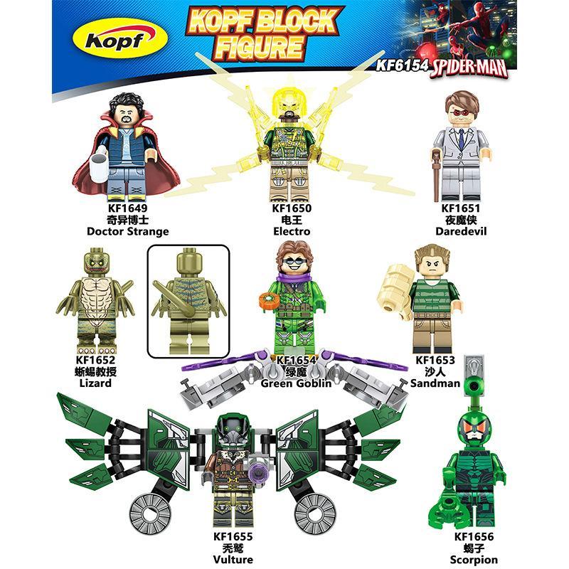 Bộ 8 Minifigure Người Nhện và Phản Diện Marvel Kopf KF6154, bộ đồ chơi Người Nhện giá rẻ cho bé trai 6 tuổi, đồ chơi mô hình siêu anh hùng chất lượng cao