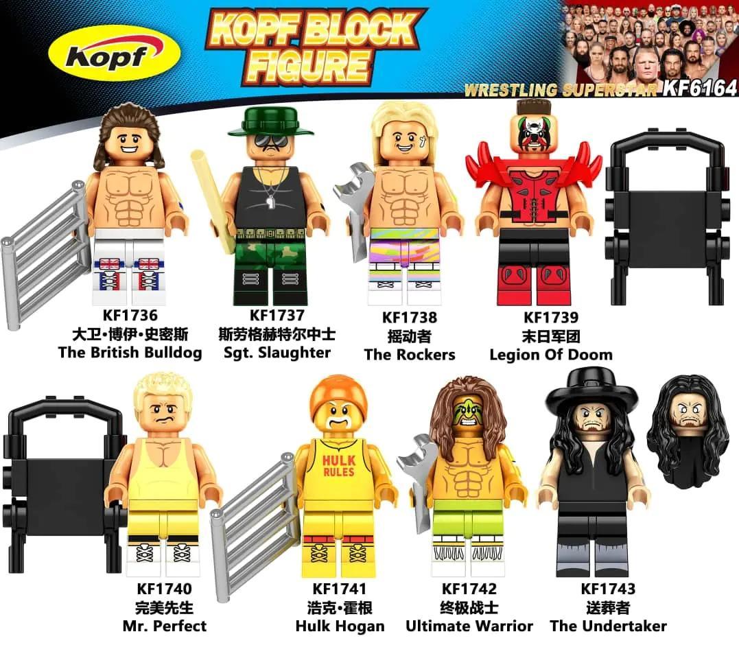Bộ 8 minifigure đô vật Wrestling Superstar KF6164 của Kopf, bao gồm The British Bulldog, Sgt. Slaughter, The Rockers, Legion of Doom, Mr. Perfect, Hulk Hogan, Ultimate Warrior, The Undertaker. Đồ chơi lắp ghép cho bé trai 6 tuổi.