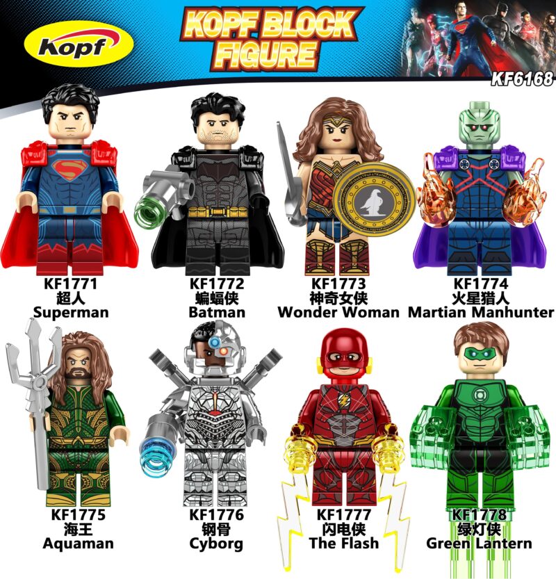 Bộ đồ chơi Liên Minh Công Lý Kopf KF6168 gồm 8 minifigures siêu anh hùng DC như Superman, Batman, Wonder Woman, Aquaman, Cyborg, The Flash, Green Lantern, Martian Manhunter, phù hợp cho bé trai 6 tuổi, giá tốt.