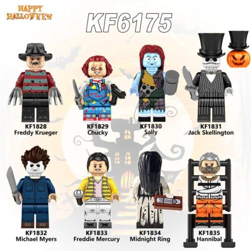 Bộ 8 minifigure Halloween kinh dị KF6175 của Kopf, bao gồm Freddy Krueger, Chucky, Sally, Jack Skellington, Michael Myers, Freddie Mercury, Midnight Ring, Hannibal. Đồ chơi mô hình nhân vật kinh dị cho bé trai 14 tuổi.