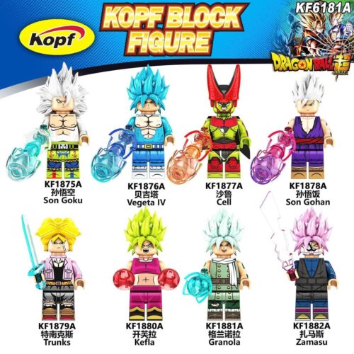 Bộ 8 Minifigure Dragon Ball Kopf KF6181A chất lượng cao, đồ chơi lắp ghép nhân vật Son Goku, Vegeta, Cell, Son Gohan, Trunks, Kefla, Granola, Zamasu cho bé trai 8 tuổi, giá tốt.