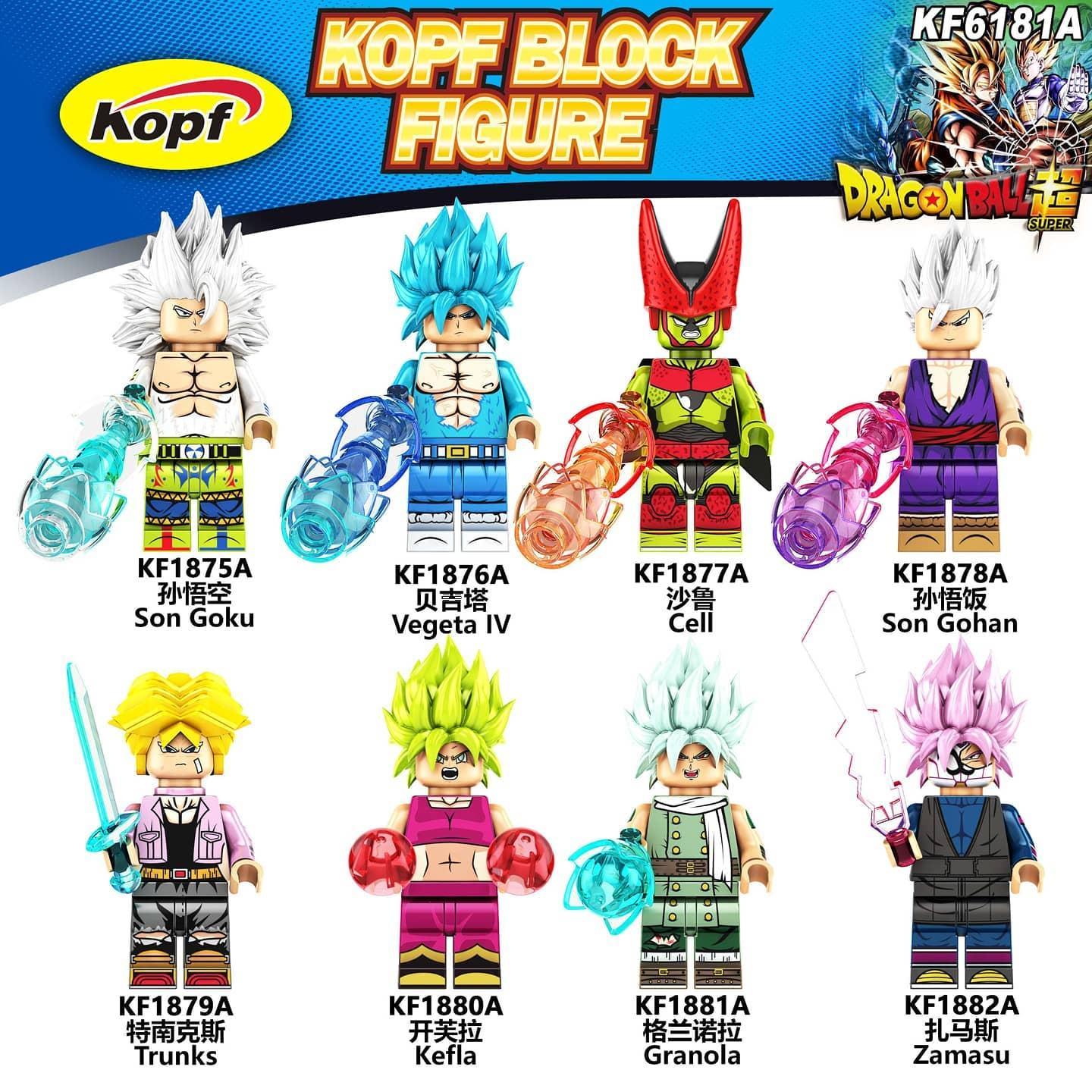 Bộ 8 Minifigure Dragon Ball Z Kopf KF6181A chất lượng cao, đồ chơi lắp ghép nhân vật Dragon Ball Z cho bé trai 6 tuổi, giá rẻ đáng tiền.
