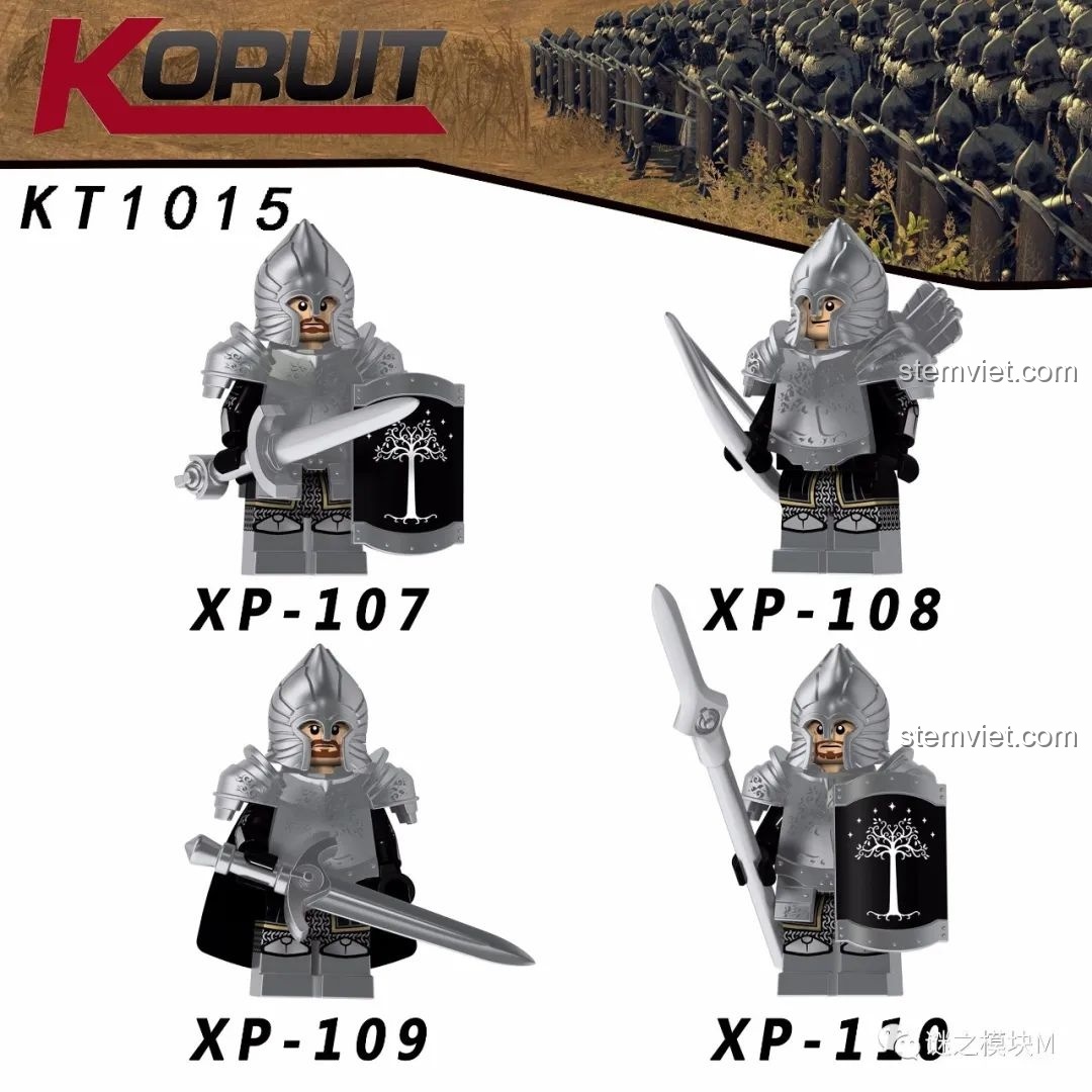 Bộ 4 Minifigure Chiến binh Gondor Koruit KT1015, với các phiên bản giáp nặng, khiên và vũ khí đa dạng.