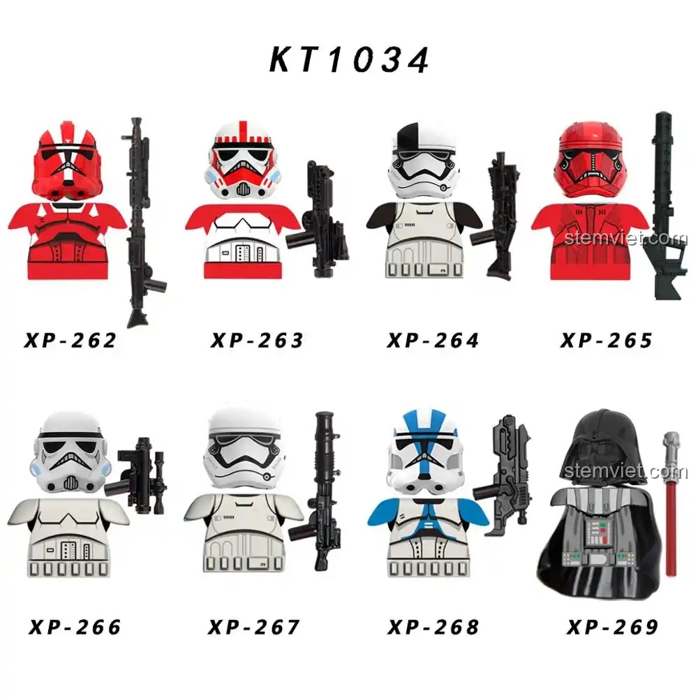 Ảnh chụp cận cảnh minifigure lính Shock Trooper đỏ trắng từ bộ đồ chơi Minifigure Star Wars KORUIT KT1034, một lựa chọn giá rẻ cho bé trai 6 tuổi.