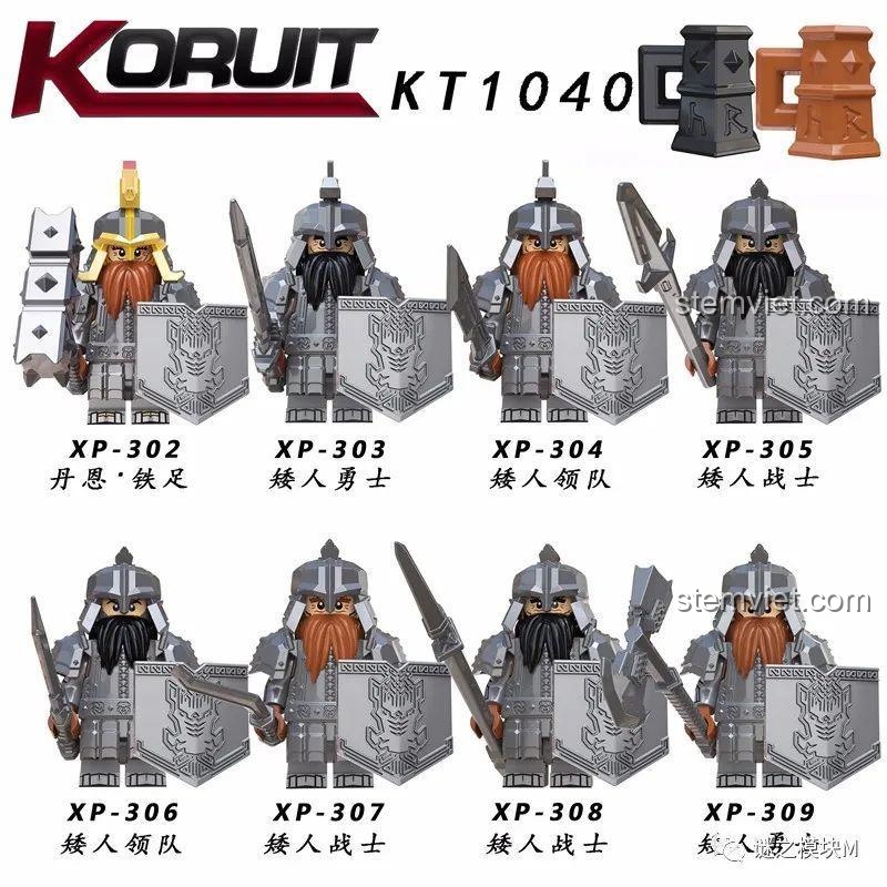 Hình ảnh tổng quan bộ 8 minifigure chiến binh người lùn KORUIT KT1040 với các biến thể và phụ kiện chi tiết.