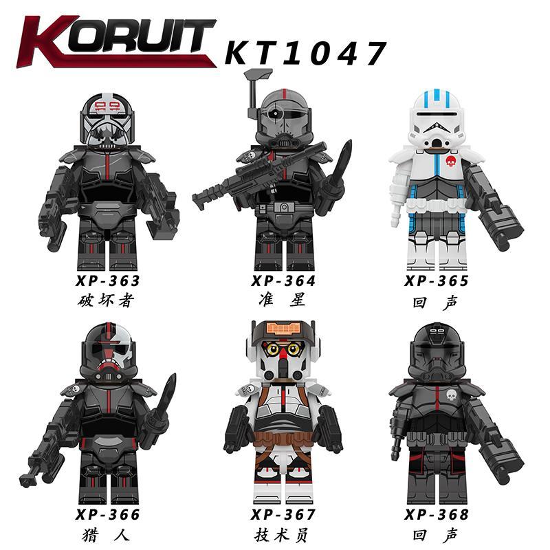 Toàn bộ 6 minifigure của bộ đồ chơi Biệt Đội Bad Batch KORUIT KT1047, bao gồm Hunter, Wrecker, Crosshair, Tech và 2 phiên bản của Echo. Sản phẩm phù hợp cho con trai 6 tuổi, là lựa chọn giá rẻ, chất lượng cao.
