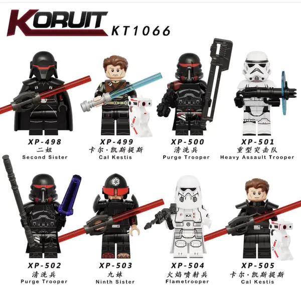 Bộ 8 nhân vật Star Wars KORUIT KT1066, bao gồm Second Sister, Cal Kestis, Purge Trooper, Heavy Assault Trooper, Ninth Sister, Flametrooper, đồ chơi lắp ráp cho bé trai 6 tuổi