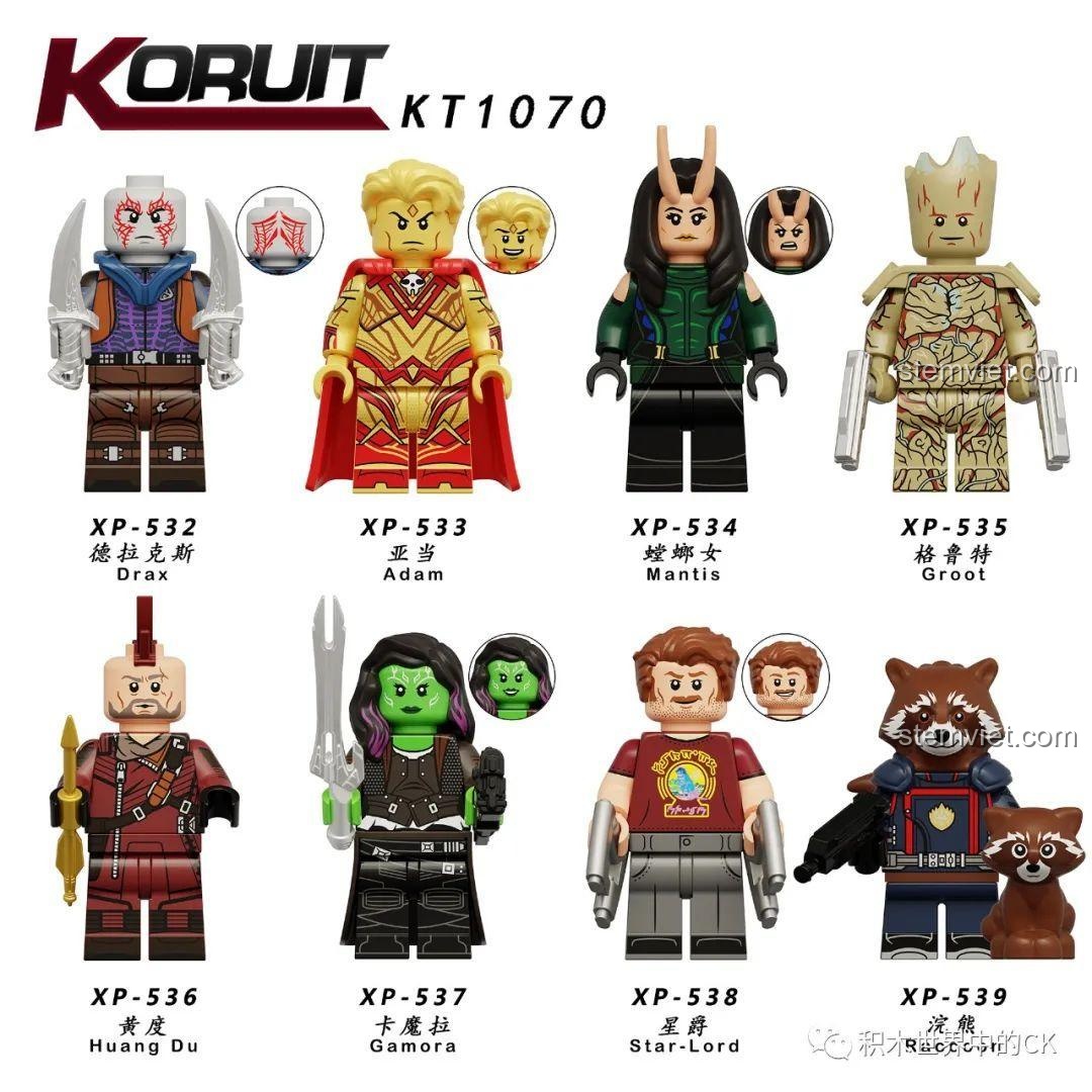 Ảnh poster bộ minifigure KORUIT KT1070 gồm 8 nhân vật trong phim Vệ Binh Dải Ngân Hà 3, một món đồ chơi lắp ráp hấp dẫn cho bé.