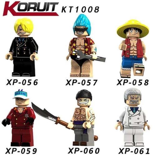 Ảnh quảng cáo bộ sưu tập minifigure One Piece của KORUIT, nổi bật là nhân vật Thủy sư Đô đốc Sakazuki (Akainu) mã XP-059 mặc quân phục hải quân màu đỏ, phù hợp cho con trai 6 tuổi.