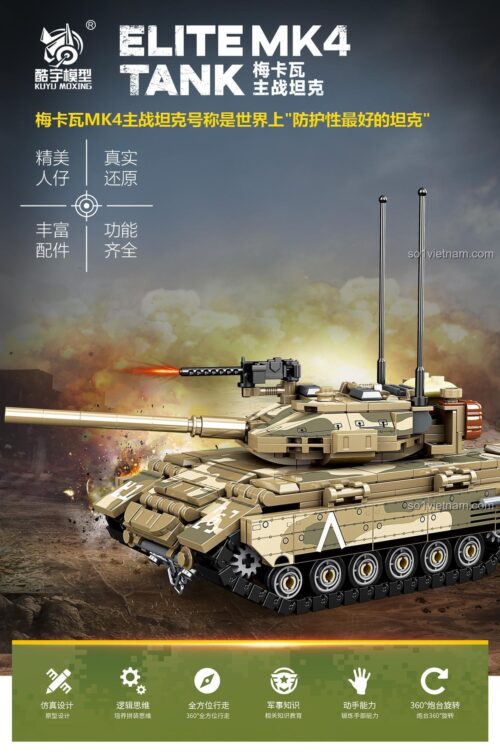 đồ chơi lắp ráp KUYU MOXING KY7067 Xe Tăng Merkava MK4, thể hiện khả năng bắn đạn, tháp pháo xoay 360 độ, phù hợp bé trai 6 tuổi, chất lượng cao.