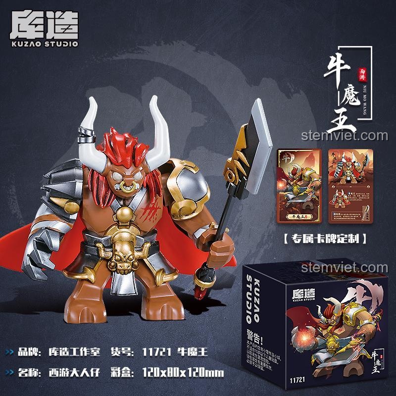 Mô hình Ngưu Ma Vương Đại Nhân Vật Tây Du Ký Kuzhao Studio 11721 bên cạnh hộp, thể hiện kích thước, chi tiết tinh xảo