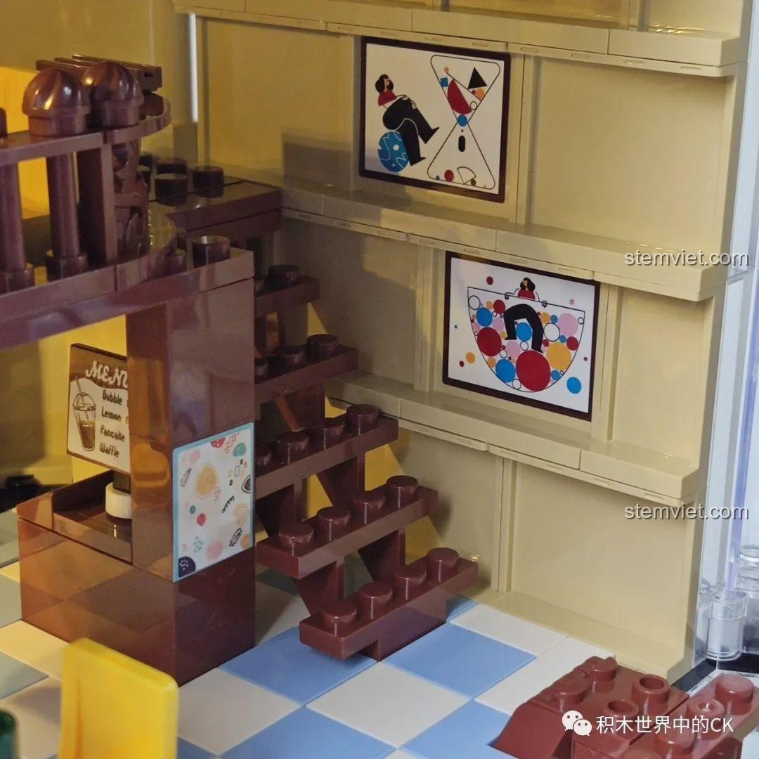 Khu vực lan can tầng hai của mô hình Cửa hàng trà sữa JIAZHI SY 5209, với các chi tiết trang trí.