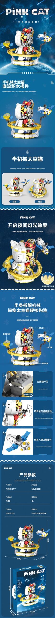 Mô tả chi tiết tính năng đèn LED, cấu trúc bán cơ khí và kích thước mô hình đồ chơi lắp ghép Mèo Robot Không Gian Hồng, đồ chơi sáng tạo cho bé gái 6 tuổi.