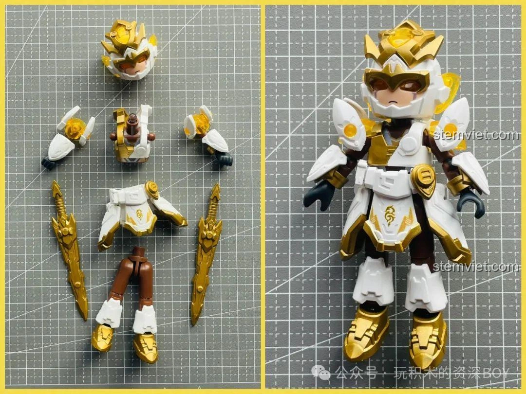 Mô hình Lưu Bị Chiến Giáp BLOKEES đang trong quá trình lắp ráp, các bộ phận dần được kết nối.