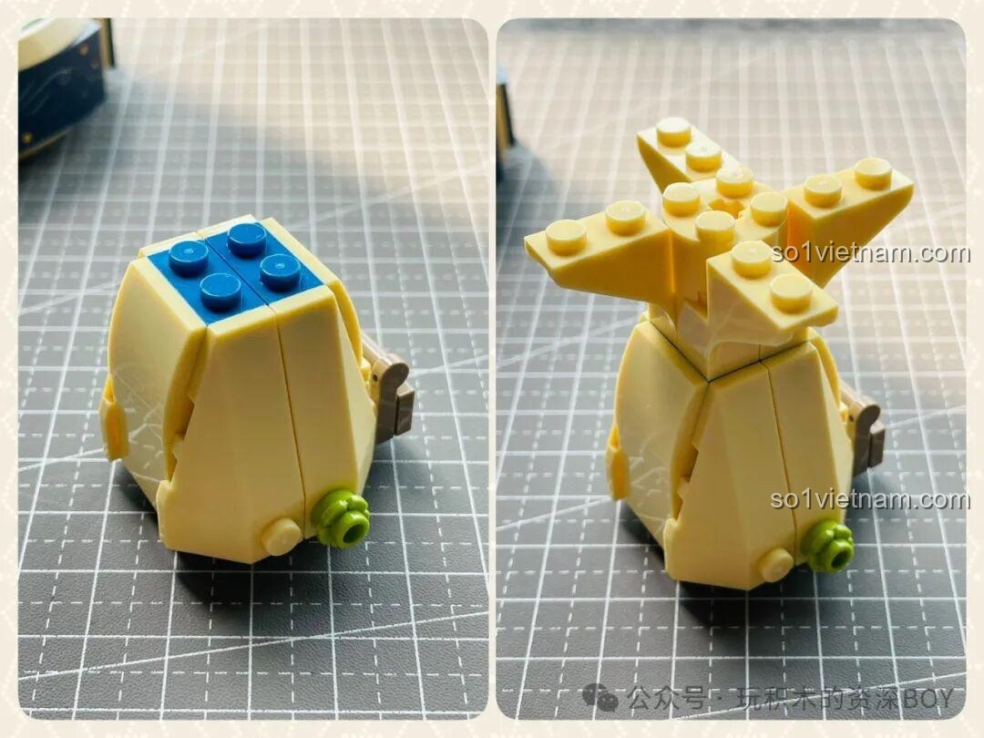 Quy trình lắp ráp thân cây Baobab trong bộ xếp hình Pantasy 86304 Tiểu Hoàng Tử: Khởi Đầu Hành Trình, với các mảnh ghép màu vàng nhạt.