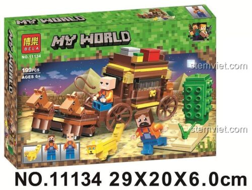 Hộp sản phẩm đồ chơi mô hình Thế giới Minecraft Bela 11134, gồm 199 chi tiết, phù hợp cho bé trai từ 6 tuổi.