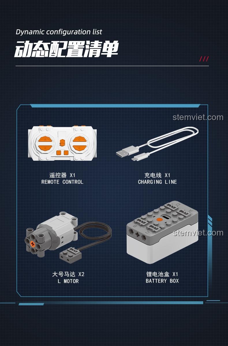 Bộ lắp ghép Le Ga Zhi 8801 hiển thị danh sách cấu hình động: điều khiển từ xa, dây sạc, 2 động cơ L Motor, hộp pin sạc.