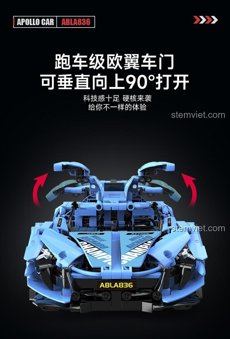 Chi tiết nội ngoại thất tinh xảo của Le Ga Zhi 8808 Siêu xe Apollo IE: buồng lái, đèn mô phỏng, ghế thể thao, mui xe mở được, váy bên hông, cánh gió trước, phù hợp bé trai 6 tuổi.