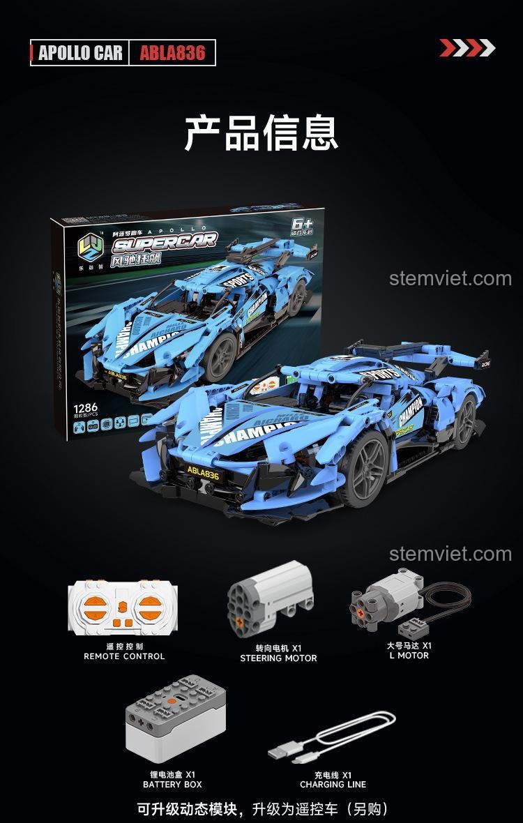 Thông tin chi tiết về đồ chơi lắp ráp Le Ga Zhi 8808 Siêu xe Apollo IE: 1286 chi tiết, độ tuổi 6+, kích thước mô hình 35x16.5x8.5cm, hộp 50x39x8cm, có điều khiển từ xa và lập trình, phù hợp bé trai 6 tuổi.