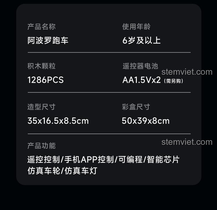 Các thành phần đi kèm bộ lắp ghép Le Ga Zhi 8808 Siêu xe Apollo IE: điều khiển từ xa, động cơ lái, động cơ L, hộp pin, dây sạc. Có thể nâng cấp mô-đun động lực để điều khiển từ xa (mua riêng), phù hợp bé trai 6 tuổi.