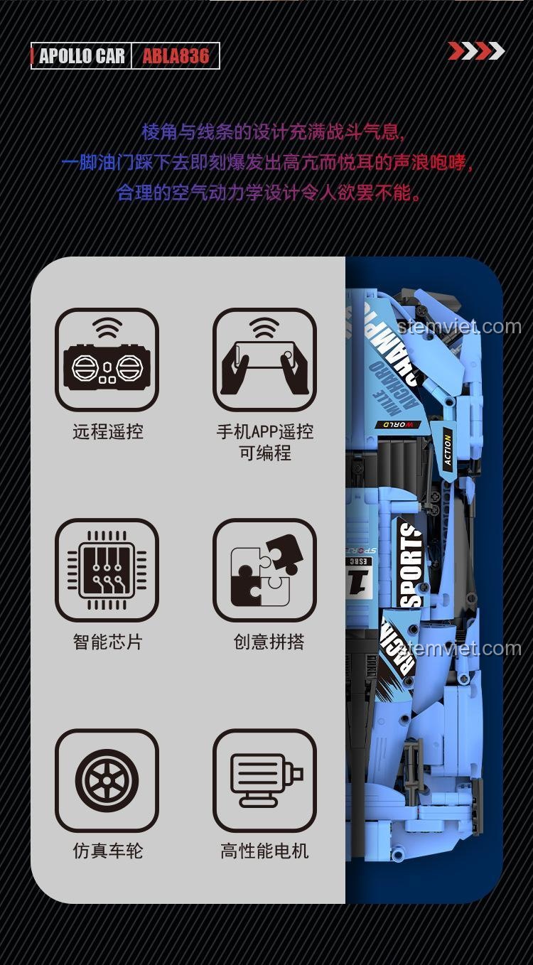 Xe đua Apollo IE 8808 hỗ trợ điều khiển hai chế độ: remote 2.4GHz và ứng dụng điện thoại, tăng cường khả năng tương tác cho bé trai 6 tuổi.