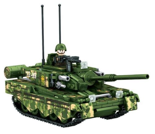 bộ đồ chơi xe tăng chiến đấu Challenger 99式, xe tăng quân sự màu xanh lá, có 1 minifigure, 588 mảnh ghép, 乐毅积木 66012