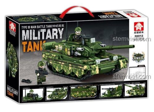 hộp sản phẩm bộ đồ chơi xe tăng chiến đấu Challenger 99式, xe tăng quân sự màu xanh lá, có 1 minifigure, 588 mảnh ghép, 乐毅积木 66012