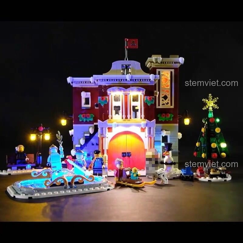 Bộ LEGO 10263 Winter Fire Station đã hoàn thành, với trạm cứu hỏa, xe cứu hỏa, sân trượt băng và các nhân vật.