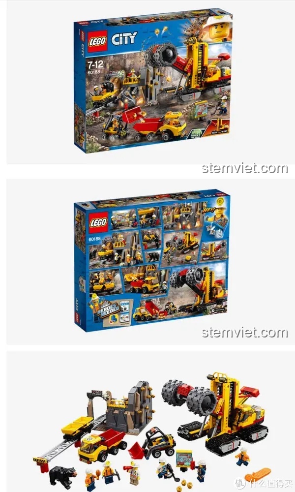 Hộp sản phẩm LEGO City 60188 Mining Experts Site, một ví dụ về đồ chơi lắp ráp khai thác.
