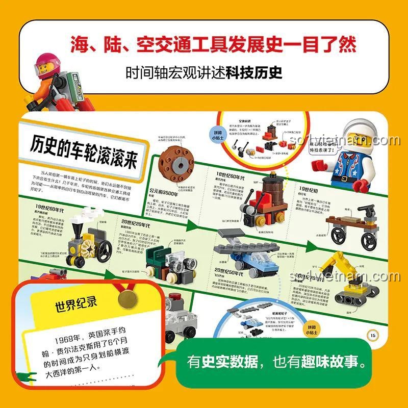 Sách LEGO cho bé 6 tuổi ISBN9787304105181 khám phá lịch sử phát triển phương tiện giao thông đường biển, đường bộ, đường hàng không, bộ đồ chơi LEGO mô hình mini giá rẻ