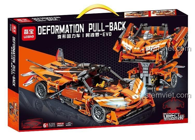 Hộp đồ chơi lắp ráp LEIBA 8299 Xe Apollo EVO kéo lùi, bộ đồ chơi siêu xe biến hình với 529 mảnh ghép, phù hợp bé trai 6 tuổi, chất lượng cao.