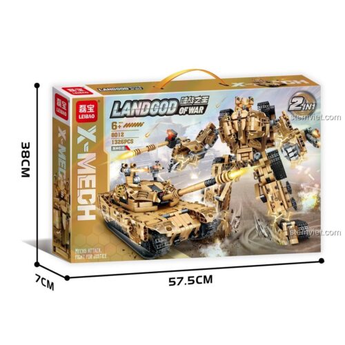 Hộp đồ chơi xếp hình LEIBAO 8012 Robot Xe Tăng Vua Chiến Trường Lục Quân. Kích thước hộp 57.5x38x7 cm, gồm 1326 chi tiết.