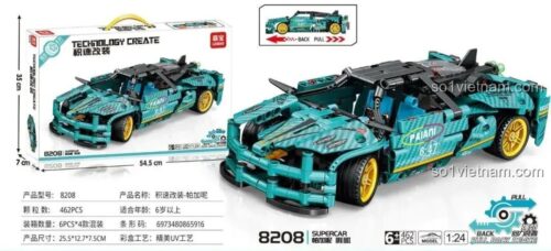 Hộp bộ lắp ráp LEIBAO 8208 Siêu xe Pagani Huayra, thể hiện kích thước mô hình xe đua Pagani Huayra 462 chi tiết, đồ chơi mô hình giá rẻ cho bé trai 6 tuổi.