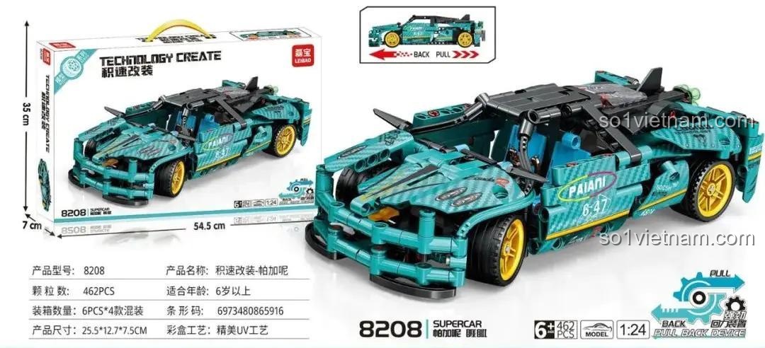 Hộp bộ lắp ráp LEIBAO 8208 Siêu xe Pagani Huayra, thể hiện kích thước mô hình xe đua Pagani Huayra 462 chi tiết, đồ chơi mô hình giá rẻ cho bé trai 6 tuổi.