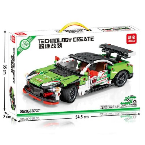 Bộ lắp ghép LEIBAO 8216 Xe Acura NSX Độ Tốc Độ, hộp sản phẩm có kích thước chi tiết, phù hợp cho bé trai 6 tuổi, giá tốt.