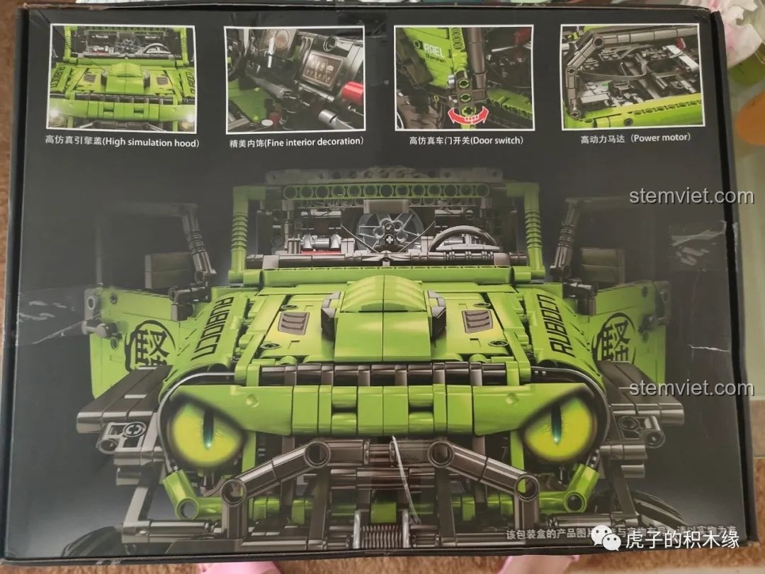 Mặt sau hộp Leier LE-J902 Jeep Wrangler Rubicon, nổi bật với đôi mắt đèn pha và các tính năng động cơ.