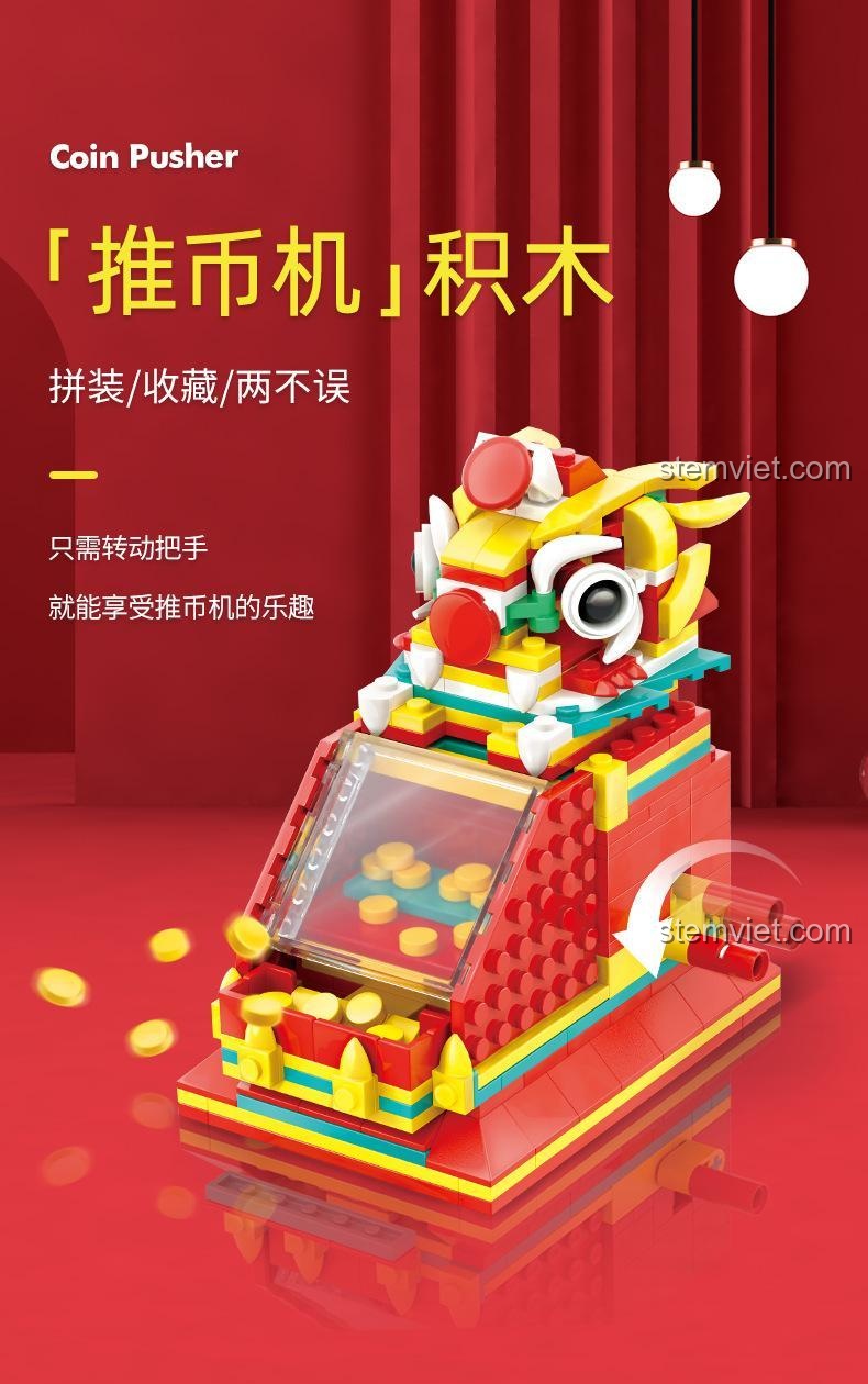 Bộ lắp ghép Lejier B398 Máy đẩy xu thần thú, vừa lắp ráp vừa sưu tầm, chỉ cần xoay tay cầm là có thể tận hưởng niềm vui đẩy xu.