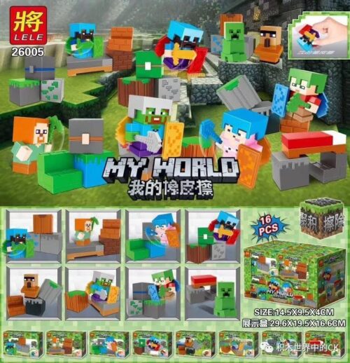 Bộ đồ chơi Tẩy gôm Minecraft LELE 26005, gồm 8 mẫu nhân vật và cảnh quan trong game, vừa là đồ chơi xếp hình vừa là cục tẩy cho bé trai 6 tuổi.