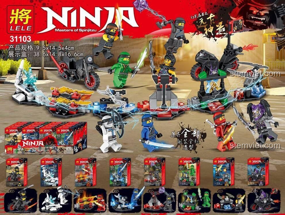 Poster quảng cáo bộ đồ chơi Các chiến binh Ninja LELE 31103, thể hiện kích thước và chi tiết 8 hộp nhỏ.
