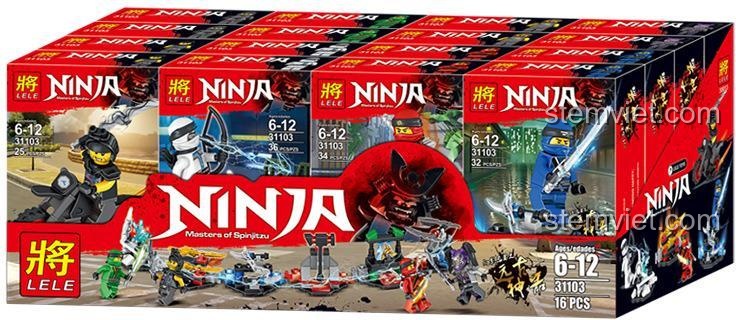 Thùng trưng bày của đồ chơi mô hình Ninja Cổ Vật Thần Khí LELE, chứa trọn bộ sưu tập 8 ninja.