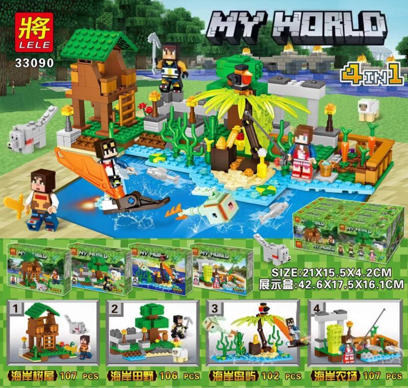 Bộ lắp ghép My World Chủ Đề Bờ Biển Lele 33090-2 422 mảnh, đồ chơi lắp ráp Minecraft 4 trong 1 cho bé trai và bé gái 6 tuổi, giá tốt, có thể lắp được 4 kiểu cảnh quan khác nhau.