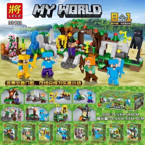 Bộ lắp ghép Minecraft LELE 33133-1 8in1, đồ chơi lắp ráp Thế giới Minecraft cho bé trai 6 tuổi, giá rẻ, tương thích LEGO®, hiển thị kích thước mô hình và hộp.