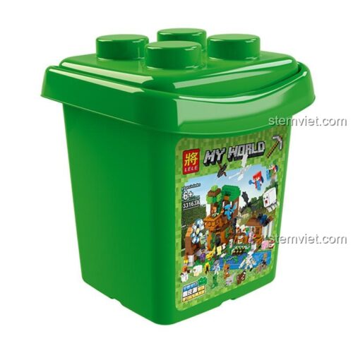 Toàn cảnh bộ lắp ghép Thế giới Minecraft LELE 33163 với 1007 chi tiết, mô phỏng một ngôi làng có cối xay gió, nhà ở, và nhiều nhân vật, phù hợp cho con trai 6 tuổi.