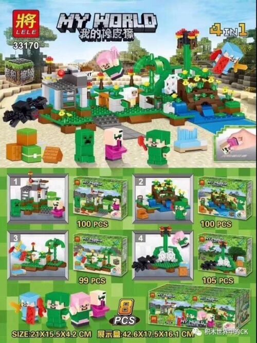Bộ lắp ráp Thế giới Minecraft LELE 33170 với 8 nhân vật tẩy bút chì, đồ chơi xếp hình sáng tạo cho bé trai 6-12 tuổi, giá rẻ.
