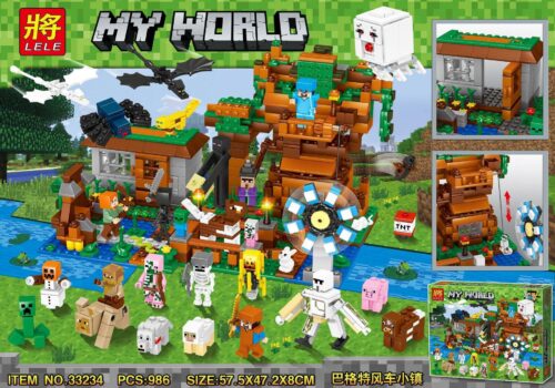 Bộ đồ chơi Thị Trấn Cối Xay Gió My World LELE 33234 với 986 mảnh ghép, nhiều minifigure Minecraft, cối xay gió quay được, chất liệu nhựa ABS an toàn, phù hợp cho bé trai 6 tuổi, giá tốt.